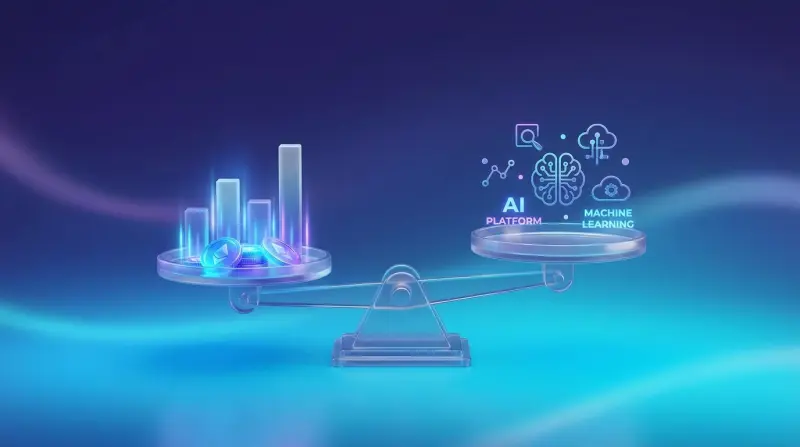 Glowing digital coins and bar charts comparing costs across AI search platforms