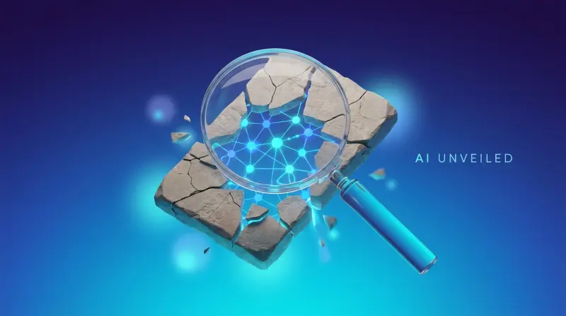 Magnifying glass breaking through a cracked stone tablet revealing a glowing AI network, symbolizing debunked AI SEO myths