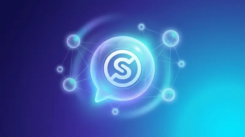 A glowing AI chat bubble with a highlighted brand icon inside, representing brand mentions in AI answers