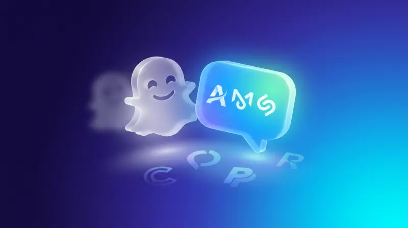 A faded, translucent brand icon beside a glowing AI chat bubble highlighting visible competitor brands