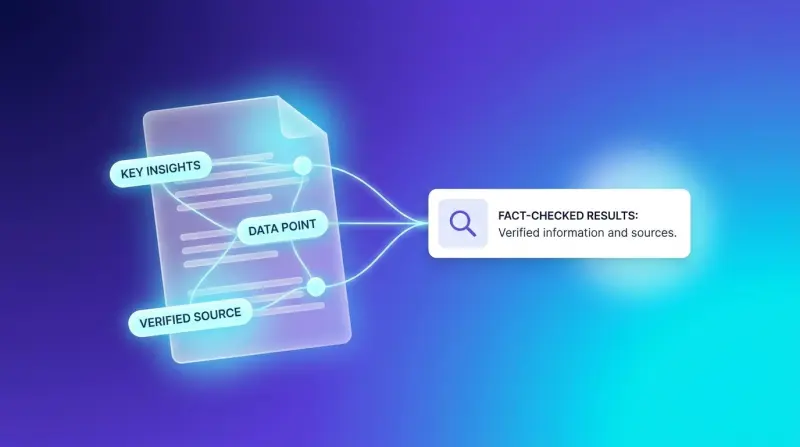 Digital document with glowing highlighted facts connecting to an AI search result card