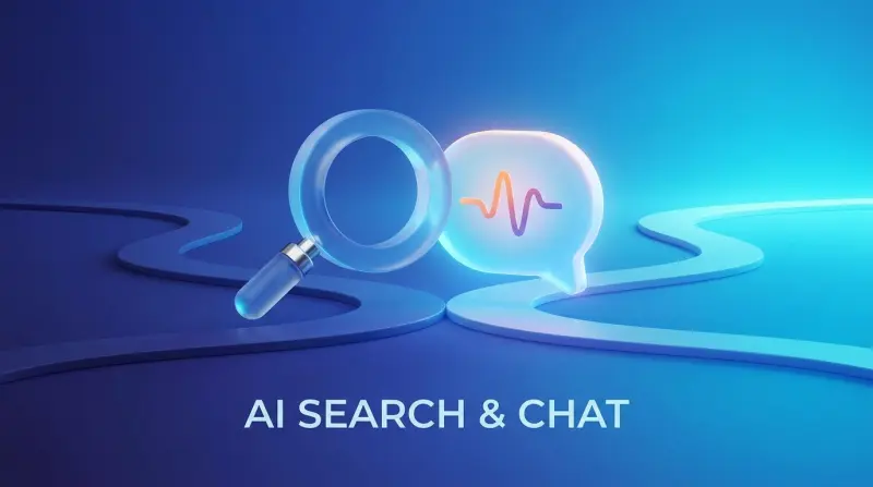 A traditional search magnifying glass icon transforming into a glowing AI chat bubble at a crossroads