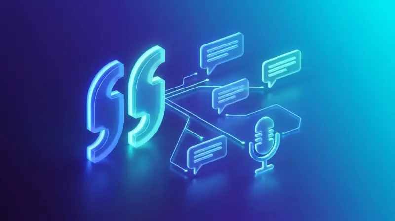A glowing quotation mark connected to AI chat bubbles and a microphone, representing AI citations and PR